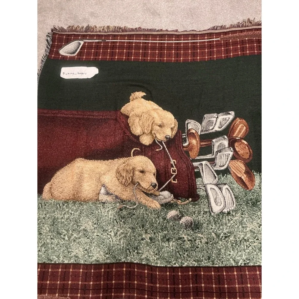 Two Puppy Golden Retriever and golf themed tapestry throw blanket